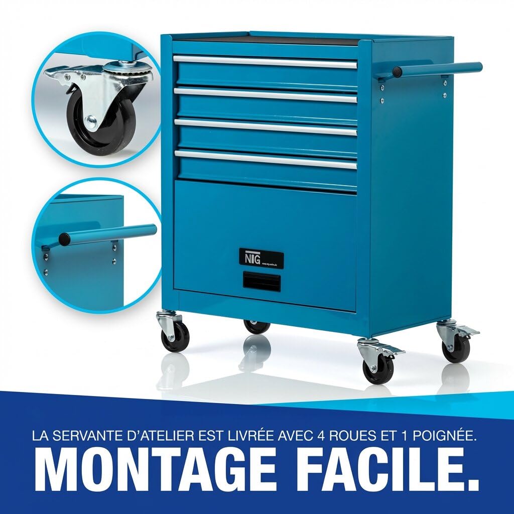 NTG Chariot d'atelier avec Outils 70 pièces - 4 tiroirs + Grand Compartiment - tiroirs sur roulements à Billes - sécurité de Transport - 2 roulettes avec Frein de stationnement - Chariot à Outils