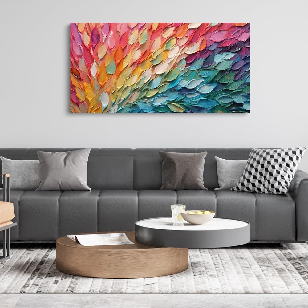 Amazon.co.jp: キャンバス上の抽象的な羽の油絵、カラフルな