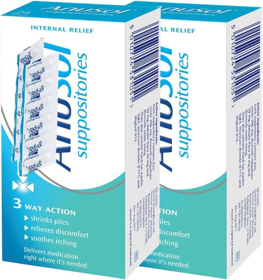 ANUS0L Haemorrhoids Piles Treatment | 12 Suppositories | 2 Pack 24 Total