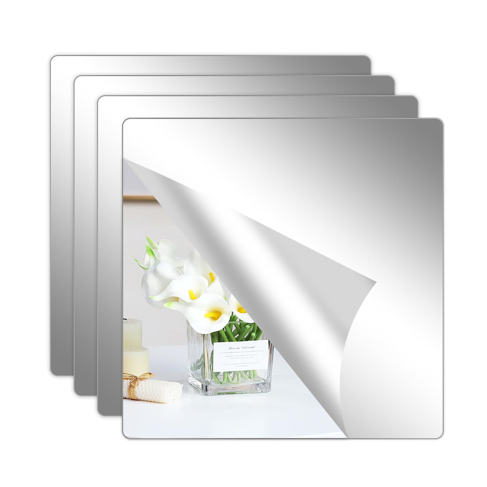 Hode 4 Pieces Self Adhesive Mirror Tiles 20x20cm (2mm Thick), Acrylic Stick on Mirror Stickers, Flexible Tiles for Wall, Bathroom, Bedroom