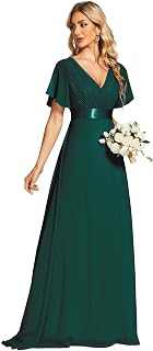 Women's Classic Chiffon Short Sleeve Pleated V-Neck Floor Length Bridesmaid Dresses 09890
