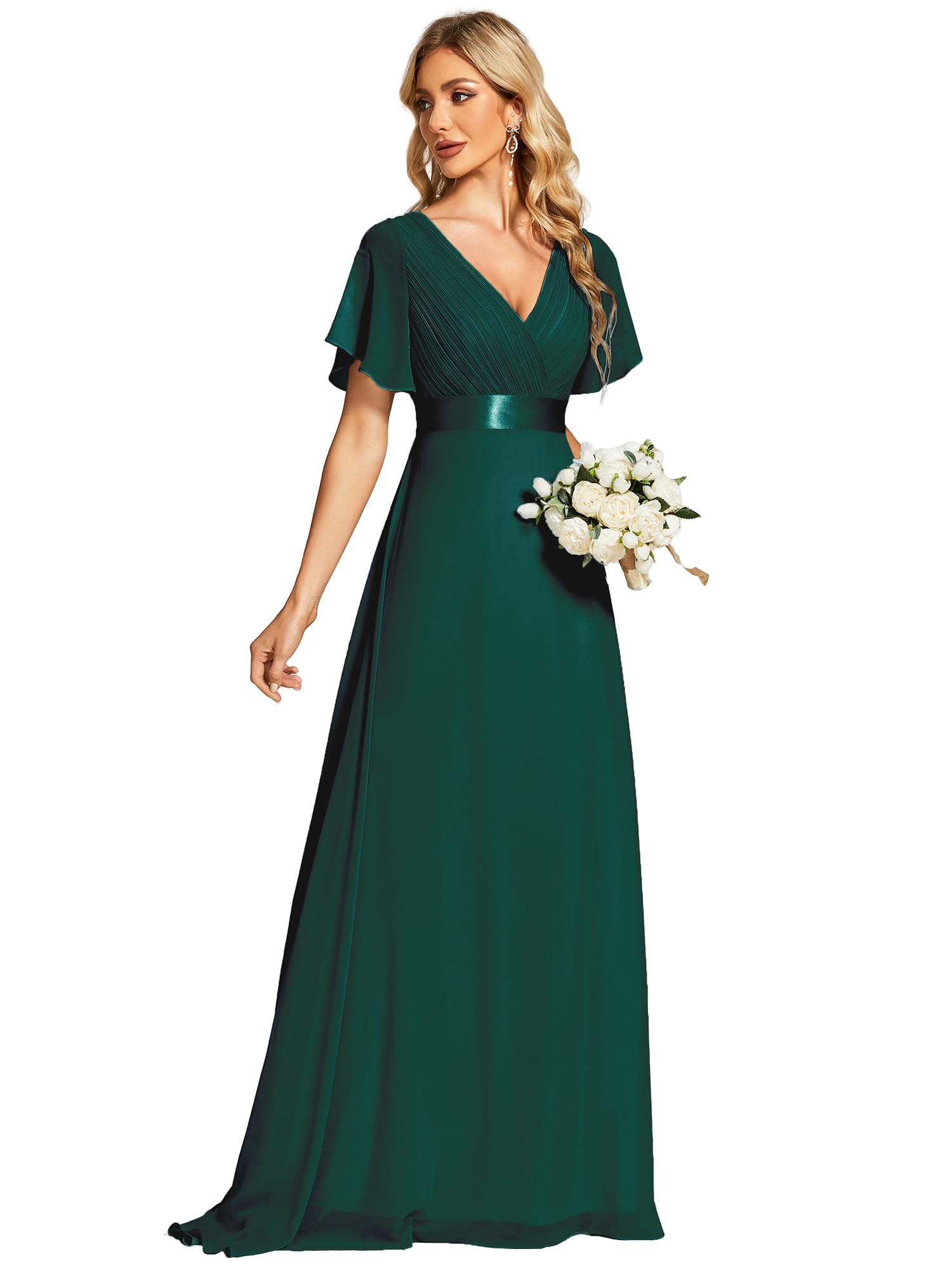 Ever-Pretty Women's Classic Chiffon Short Sleeve Pleated V-Neck Floor Length Bridesmaid Dresses 09890