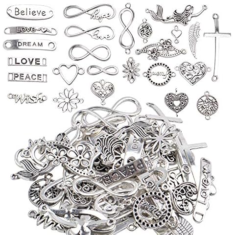 Aylifu Words Connector Charms, 50 Pieces Mixed Word Letter Connector Pendant Infinity Symbol Link Charms Findings for DIY Necklace Bracelet Jewelry Making Cover