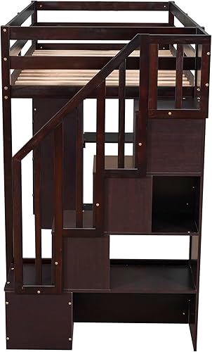 Miniatura 9 de VilroCaz Cama loft multifuncional de tamaño individual con cajones de almacenamiento y escalera marco de cama loft de madera maciza con barandilla