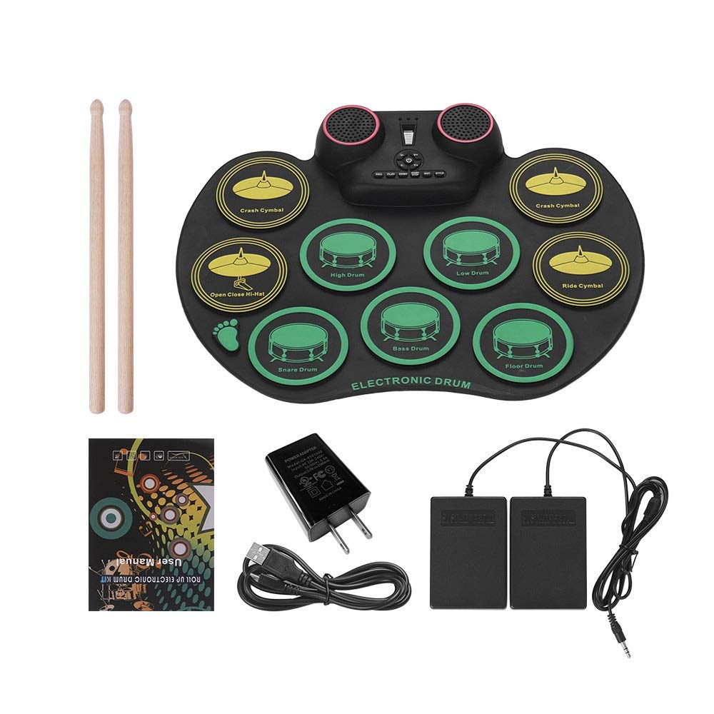 Batteria Elettronica Roll Up Drum Kit Silicone Drum Practice Practice 10 Drumpads Batteria Altoparlante Incorporato con Batteria e Pedali a Piedi Batteria Elettrica