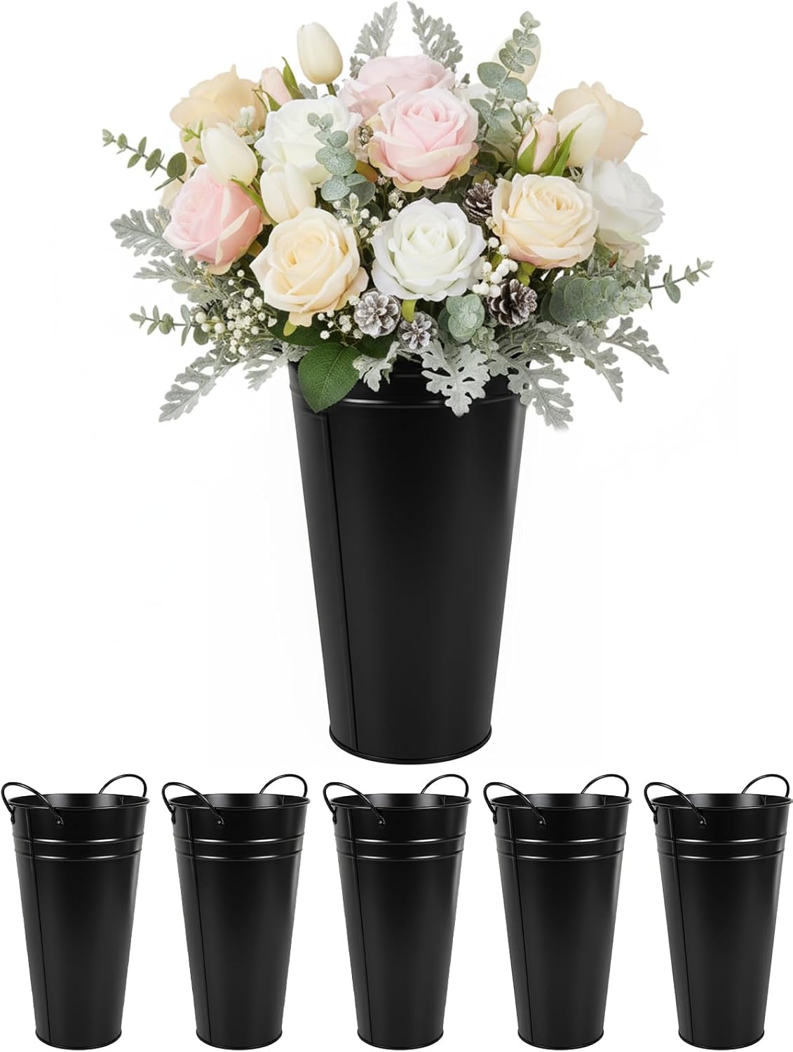 Flower Bucket for Flower Bar, 6 Pcs 10.2 Inch Metal Vases with Handles, Leak-Proof Black French Buckets for Wedding Centerpieces, Farmhouse Party & Rustic Home Decor