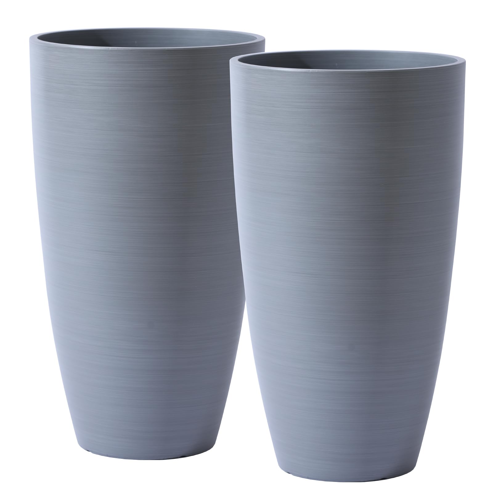 Large Lightweight Tall Plant Pots with Drainage Hole and Saucer, Set of 2 Plastic Planters Indoor Outdoor Flower Pot Tall Round Planters (Grey Wooden-Matte Finish) — image 1