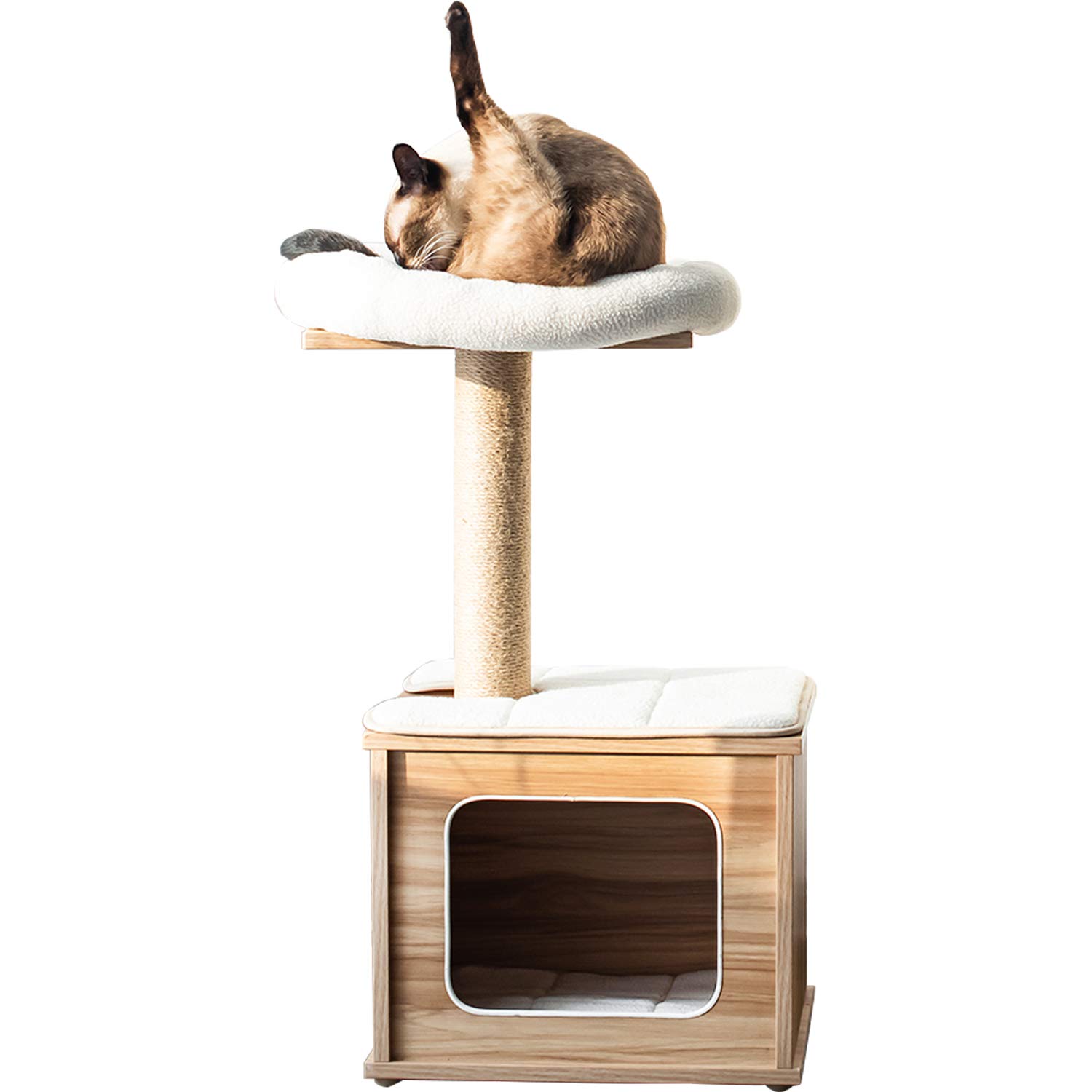 Catry, Wooden Cat Tree Condo with Natural Sisal Rope Scratching Post for Kitten