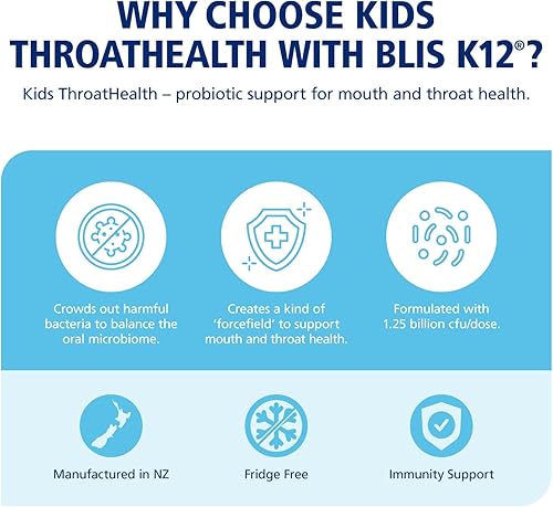Miniatura 4 de BLIS Kids ThroatHealth Probióticos orales K12 - Soporte inmunológico y de garganta, fresa - 30 pastillas