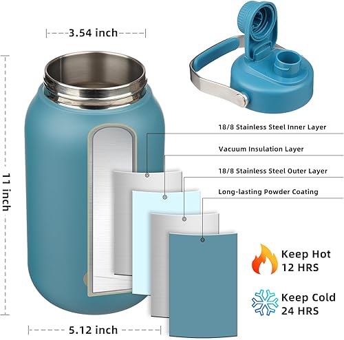 Miniatura 3 de BJPKPK Botellas de agua aisladas de medio galón, jarra de agua de 64 onzas con mango de metal y tapa de boquilla sin BPA, botella de agua térmica