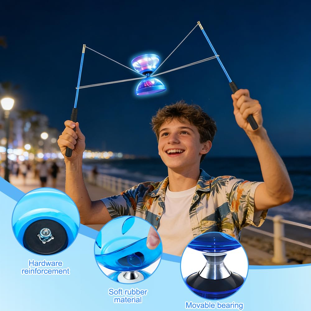 LED Diabolo mit Kugellager, LED Diabolo Freiläufer Blinkendes Dreifache, Lagerung Set mit Ersatzseil 10m, Profi-Stange, Netzbeutel, Licht D-iabolo für Kinder, Erwachsene, Anfänger und Profis