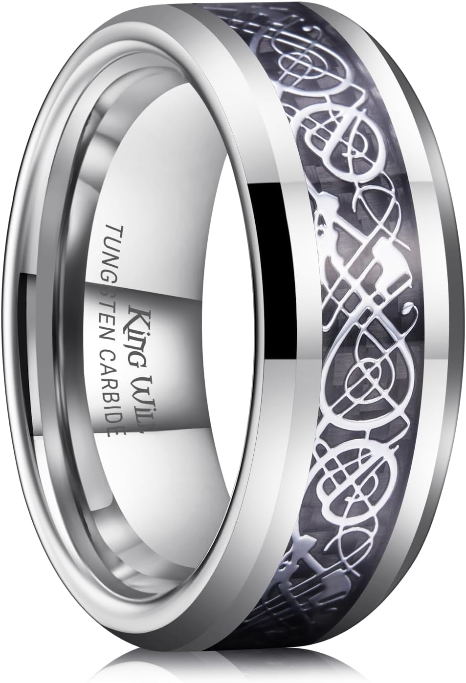 Men's Dragon Celtic Tungsten Ring, 5/6/7/8mm Widths, Polished Beveled Edge Comfort Fit Carbide Wedding Band Promise Rings Size 4-16