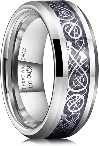 King Will Men's Dragon Celtic Tungsten Ring, 5/6/7/8mm Widths, Polished Beveled Edge Comfort Fit Carbide Wedding Band Promise Rings Size 4-16