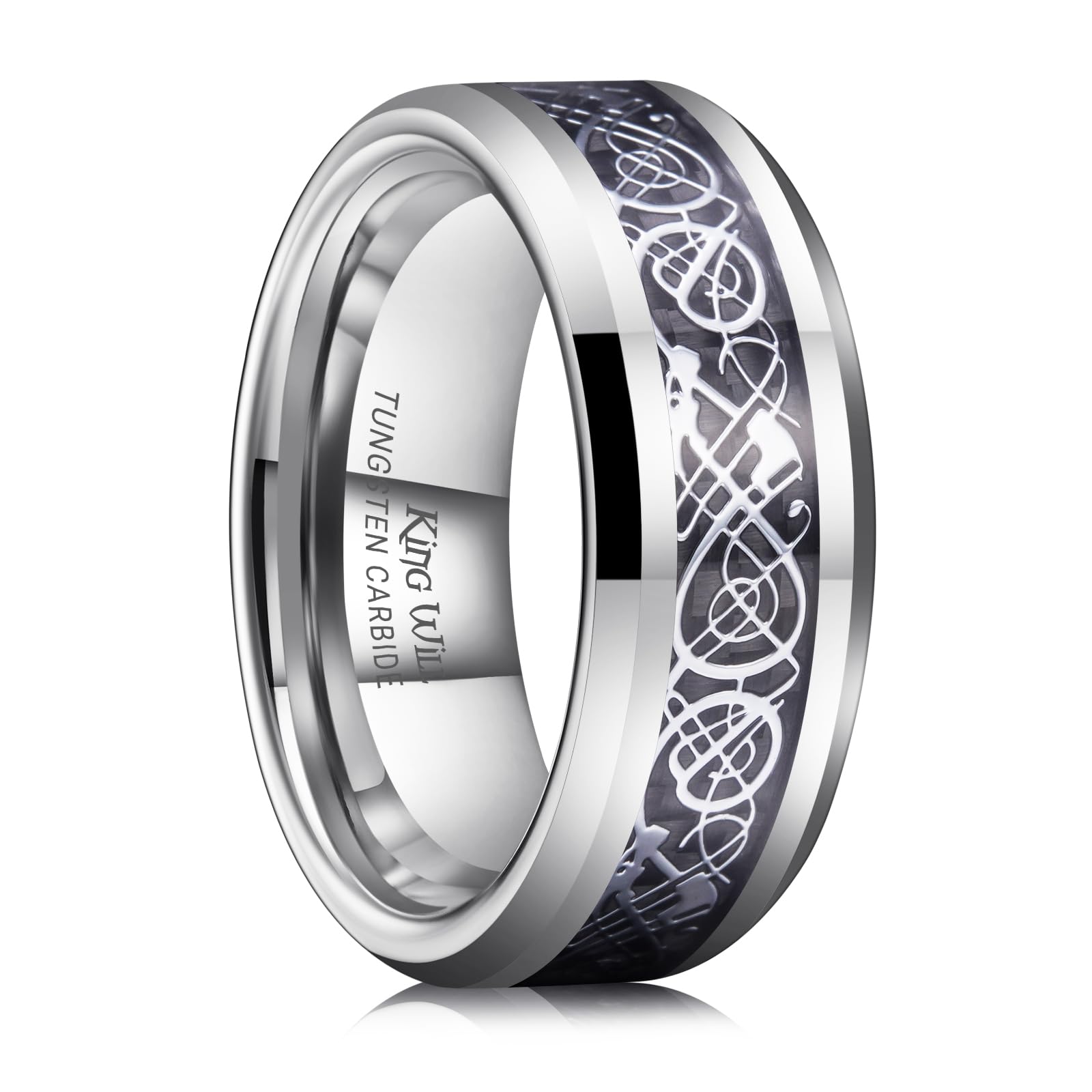 King Will Men's Dragon Celtic Tungsten Ring, 5/6/7/8mm Widths, Polished Beveled Edge Comfort Fit Carbide Wedding Band Promise Rings Size 4-16