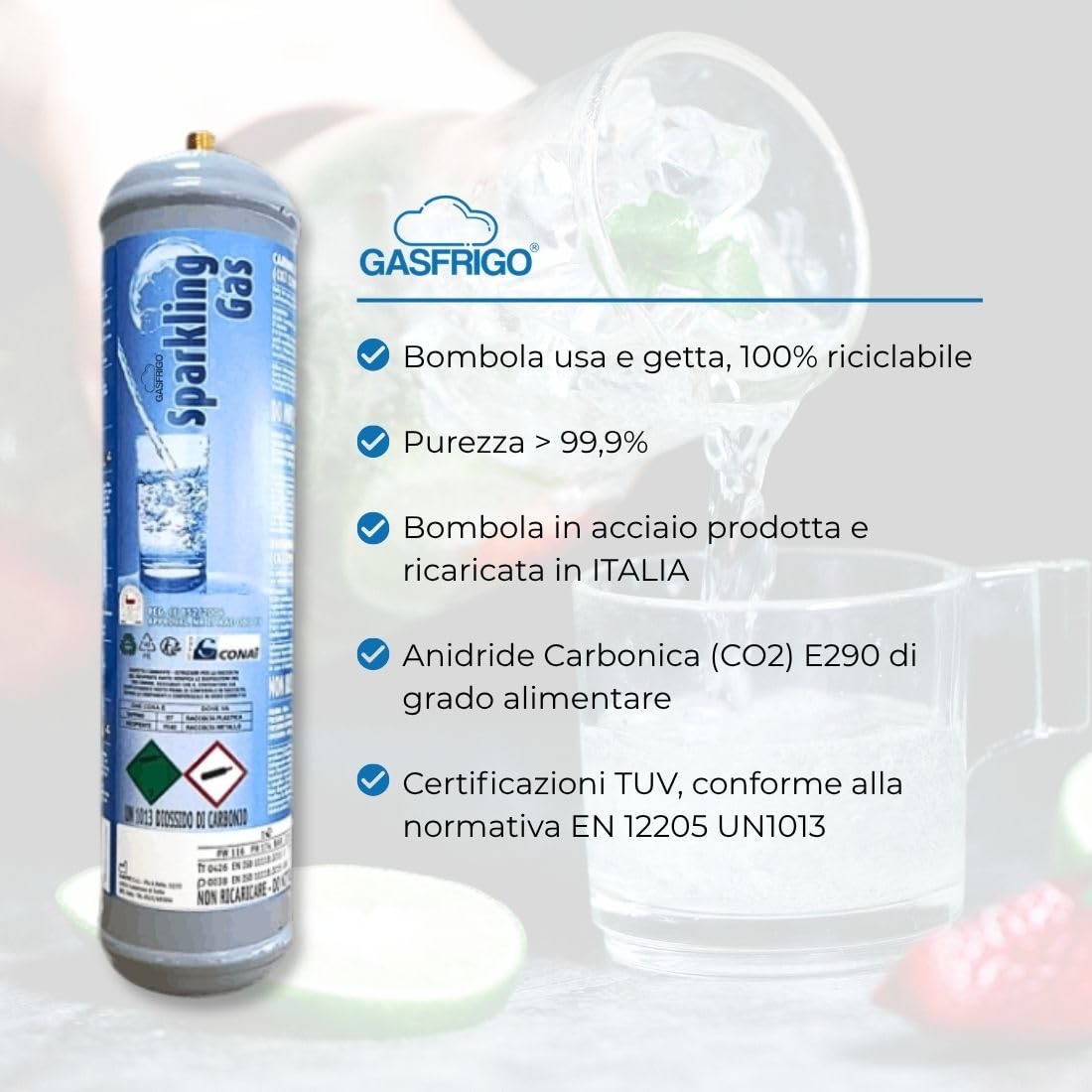 Bevi sano, bevi Italiano! GASFRIGO® Set 2 Bombole CO2 per Gasatore e Depuratore Acqua Frizzante - 600g E290 Alimentare - Attacco M11x1 - Scorta Risparmio! Bombola e Gas 100% Made in Italy