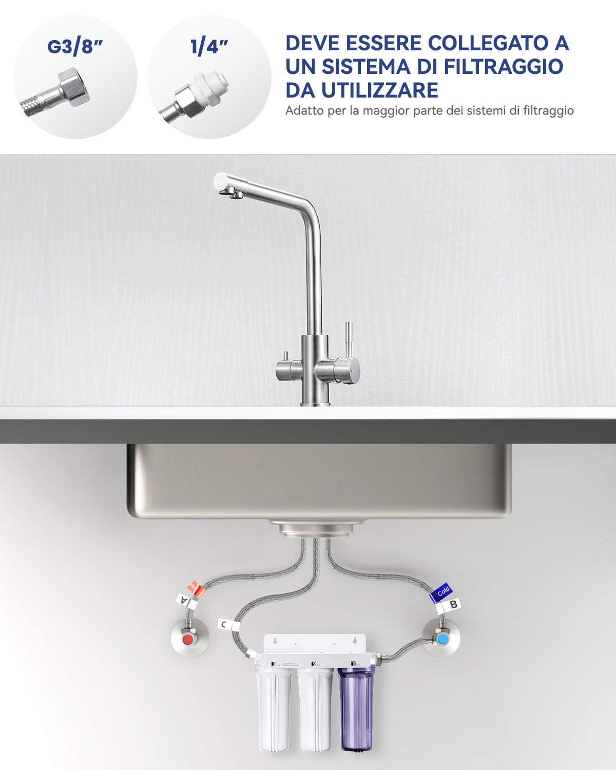 Rubinetto Cucina 3 Vie per Depuratore, Rubinetto Lavello Cucina Con 2 Leve, Miscelatore Cucina con Acqua Calda, Fredda e Acqua Purificata, Miscelatore 3 Vie Acciaio Inossidabile Spazzolato