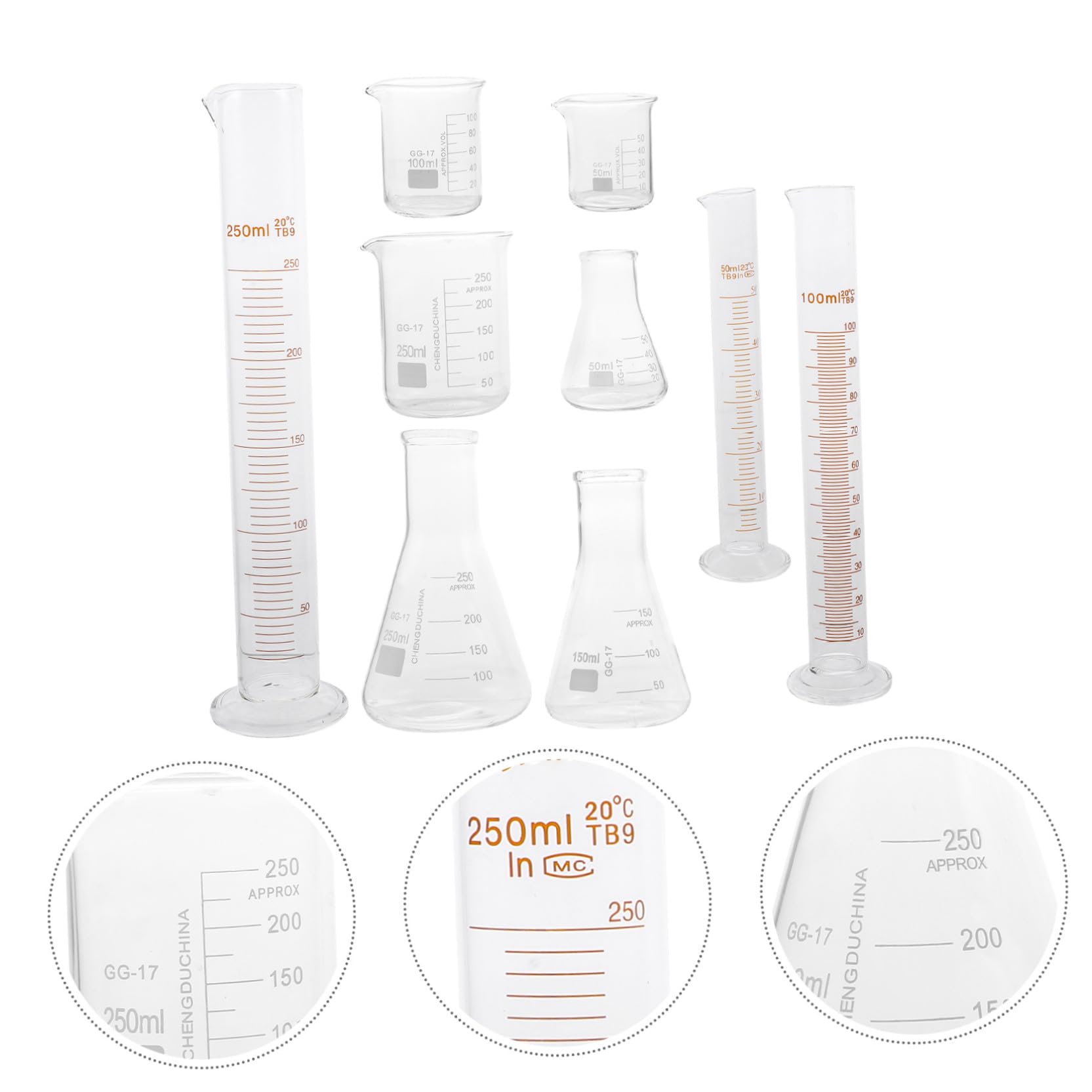 Set 50-250 Ml Vetreria da Laboratorio 9 Pezzi in Vetro Resistente Strumenti Chimici Beuta e Cilindro Graduato Scala Precisa per Progetti Scientifici e Didattici