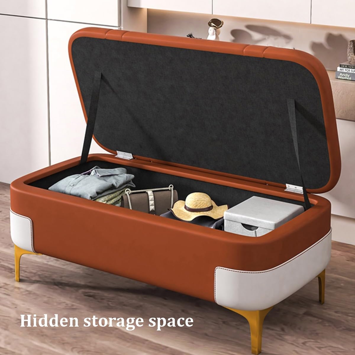 Prostokątny Podnóżek Z Ukrytym Schowkiem Tapicerowany Podnóżek Ottoman Z Schowkiem, Metalowymi Nogami Ławka Do Sypialni Lub Salonu(Orange,80cm)