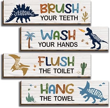 HIWERAN 4 Pcs Watercolor Dinosaur Bathroom Decor, Inspirational Dinosaur Wall Art for Boys Kids, 11.8X3, Toddler Bathroom Decor, Works of art Made of Wood, Works of Art of Wood, Placards of Woods