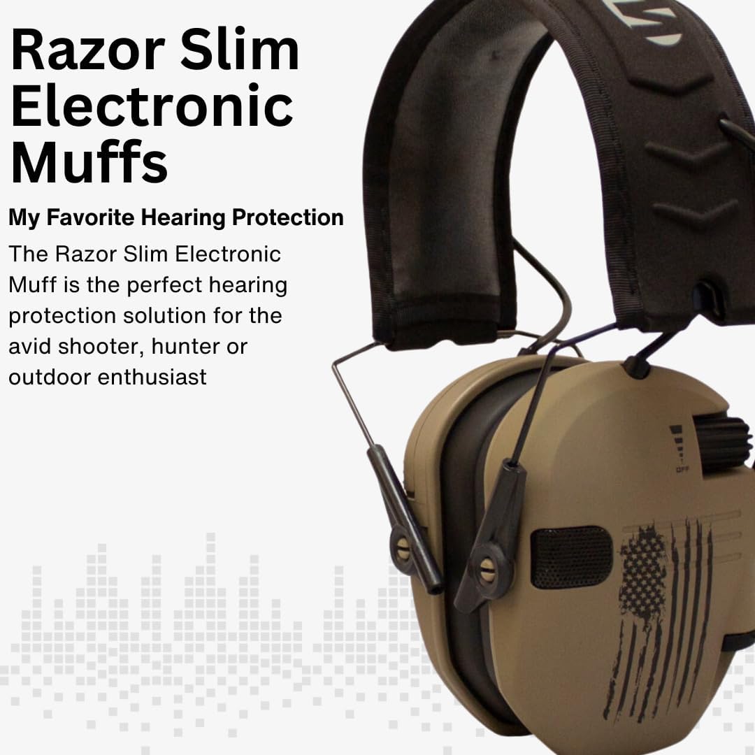 Walker's Razor Slim Electronic Hearing Protection Muff (Distressed Flag) Bundle with Walkie Talkie Attachment (Flat Dark Earth), Sport Glasses (Clear), and Microfiber Cleaning Cloth (4 Items)
