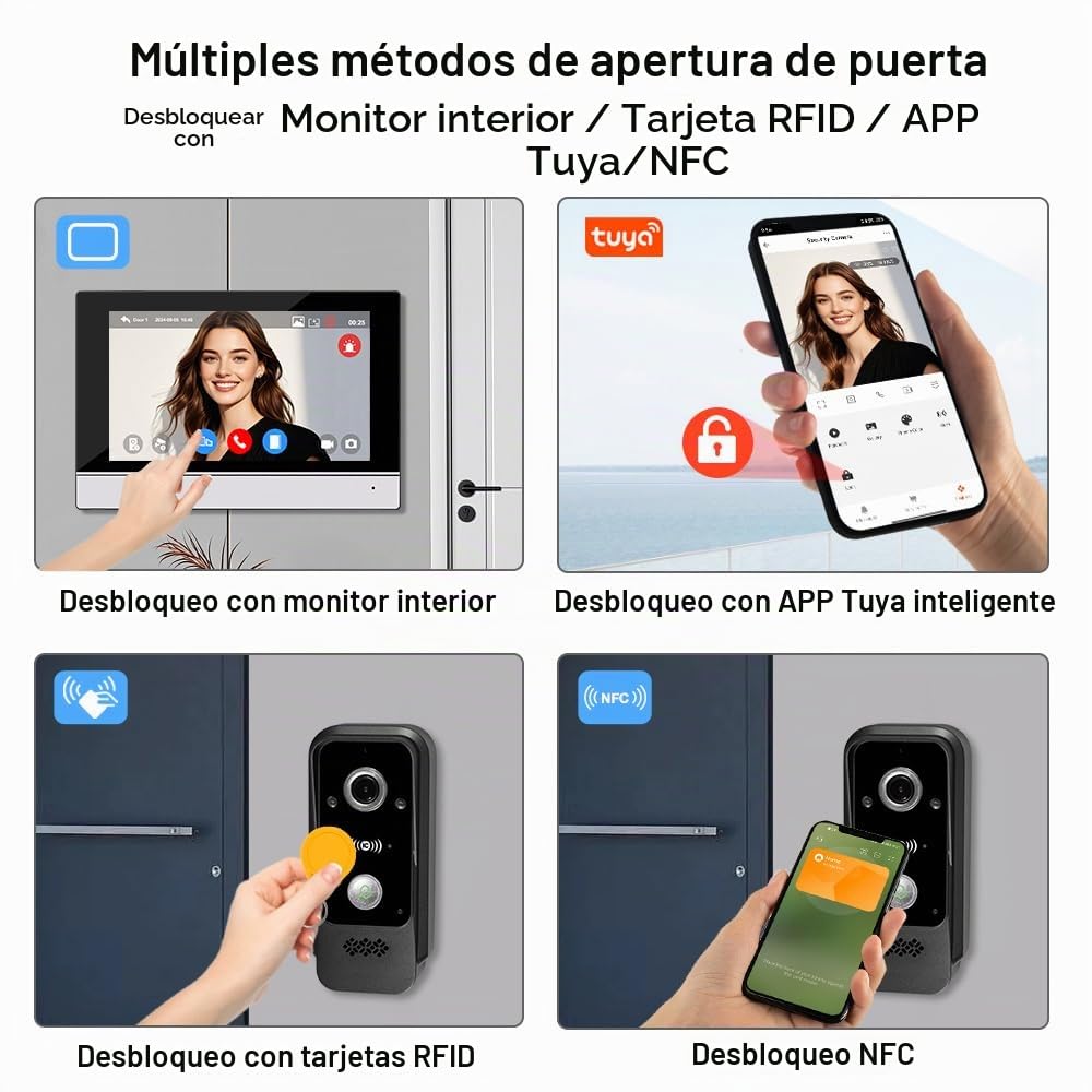 Sistema de Intercomunicación WiFi Tuya Visual Cámara Timbre de Vídeo 1080P HD, con Pantalla Táctil de 7 Inch, Visión Nocturna Infrarroja, Grabación, Desbloqueo de App/Tarjetas RFID