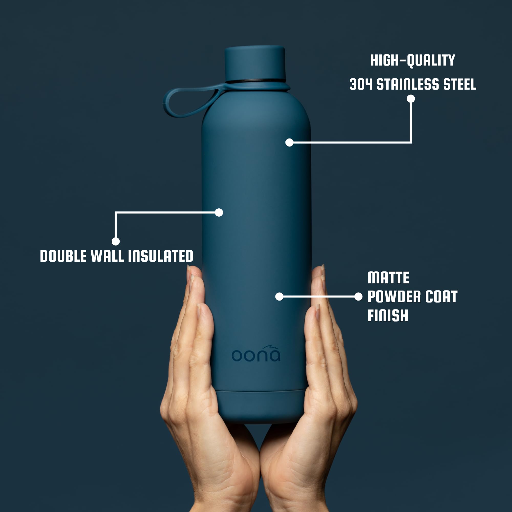 OONA Borraccia termica in acciaio inox, 709,7 g, senza BPA, mantiene caldo o freddo per 12 ore, isolamento sottovuoto a doppia parete e passante per il trasporto (blu notte)