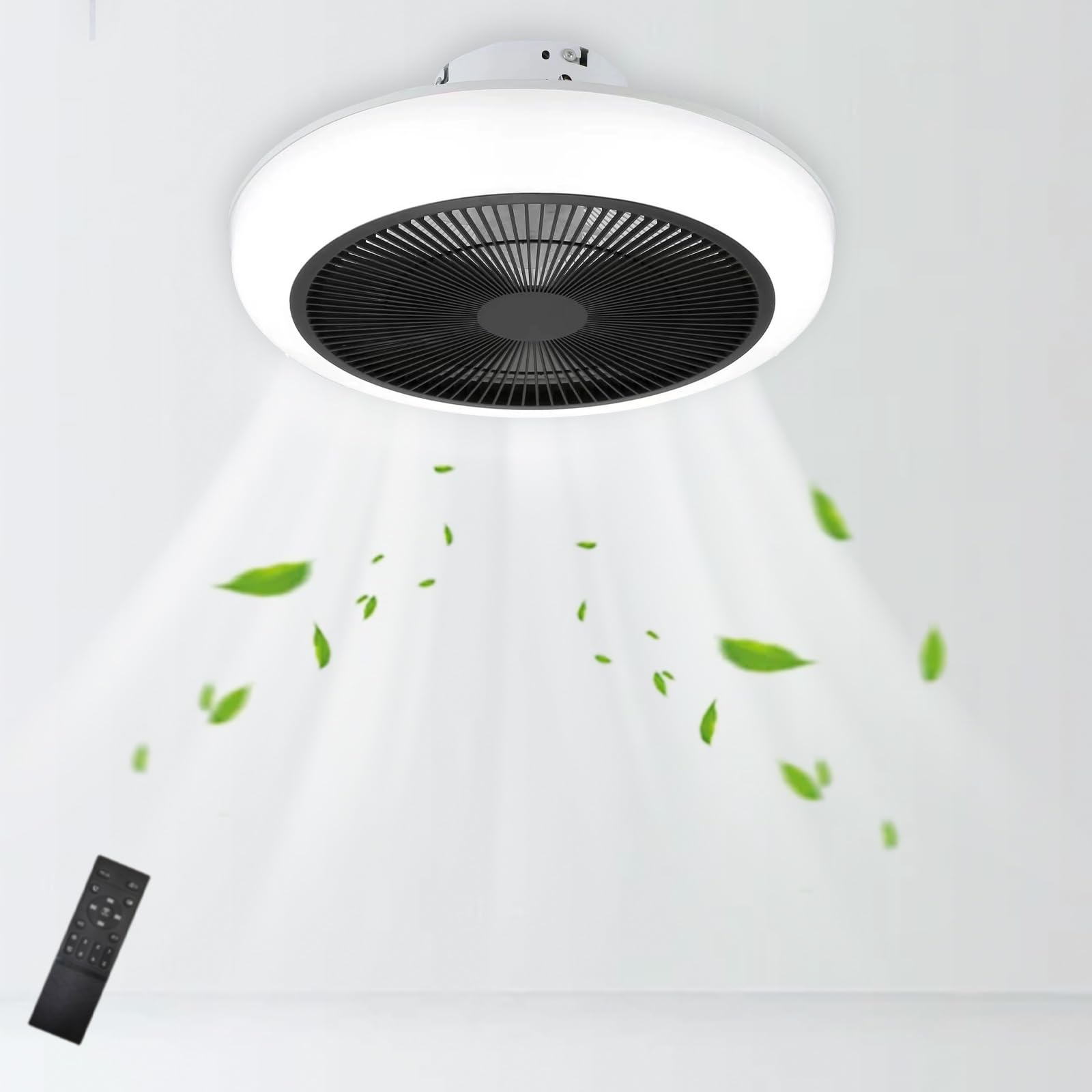 HXYSXHJUO Enclosed Ceiling Fan with Light for Bedroom, Modern Silent Led Fans Lamps, Low Profile Lights and Remote Living Room, 3 Colour Temperatures Dimmable-Black