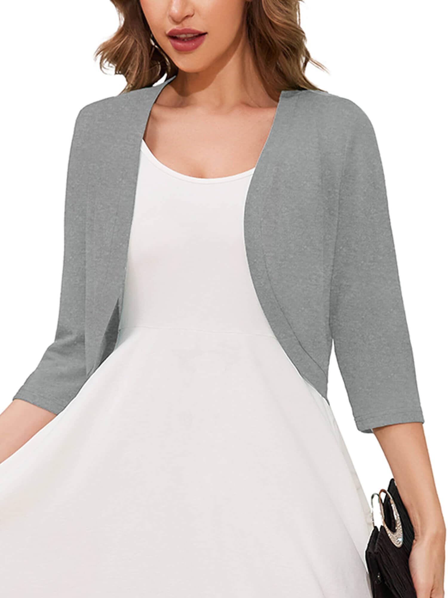 Women's 3/4 Sleeve Open Front Cardigan V-Neck Knit Cropped Bolero Shrug Sweater for Women