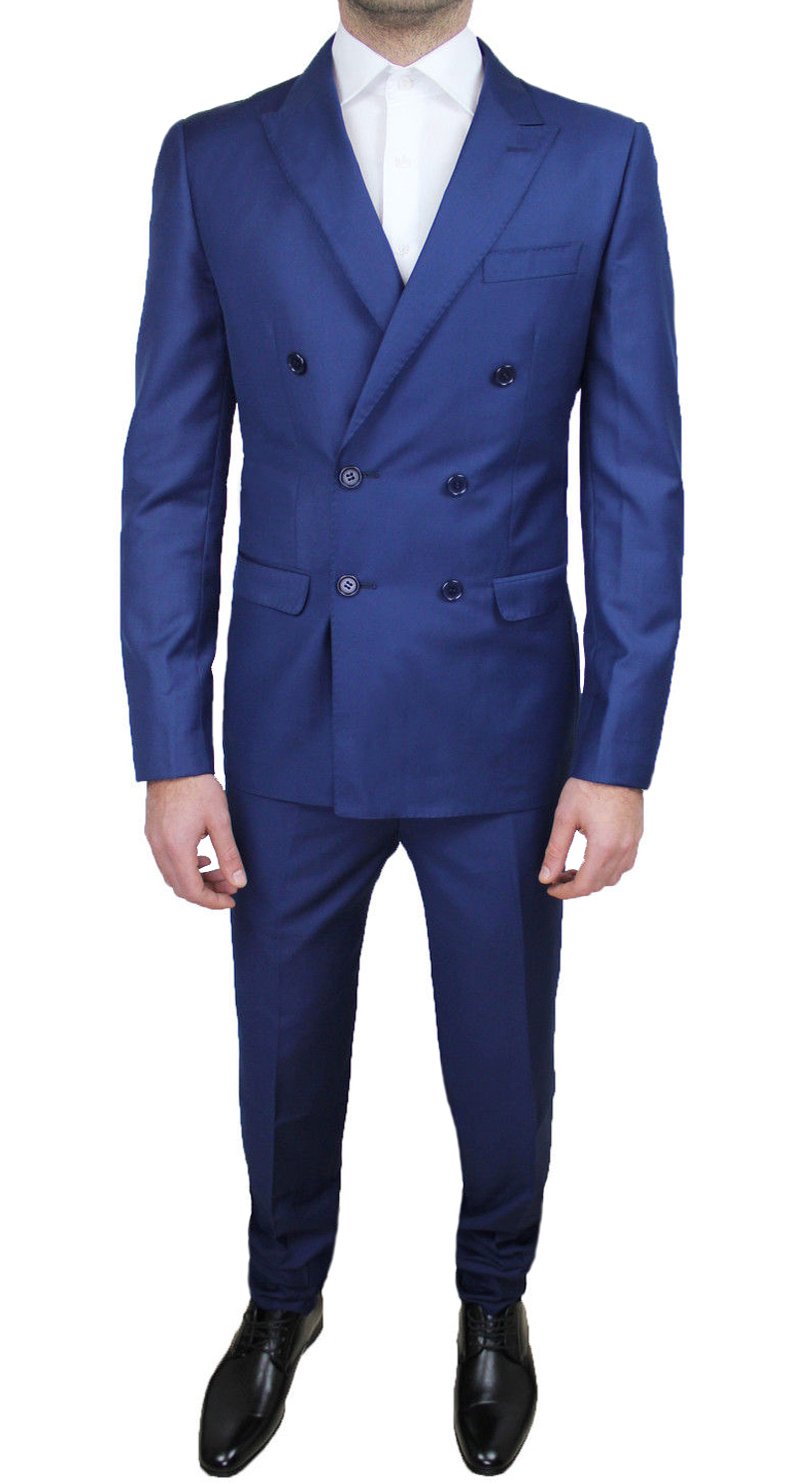 Abito Completo Alta Sartoria Uomo Doppio Petto Blu Vestito Elegante Cerimonia