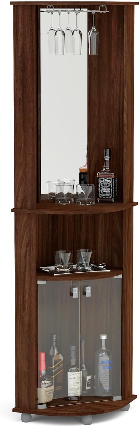Boahaus Corner Bar Cabinet with Mirror, Glass Rack, Storage Shelves & Glass Door Cabinet – Modern Corner Bar Unit for Wine & Liquor (Brown-1)
