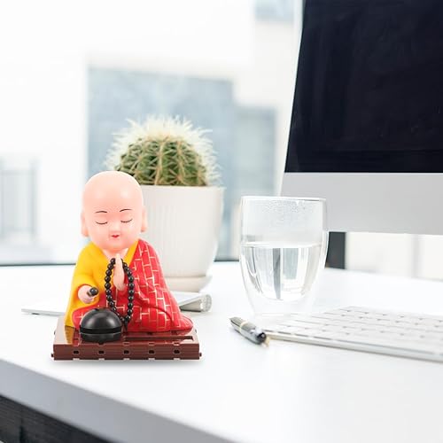 Miniatura 2 de 2 figuras solares de monje con cabeza temblorosa, decoración de tablero de instrumentos de Buda para coche, hogar, estatua compacta de cabeza de