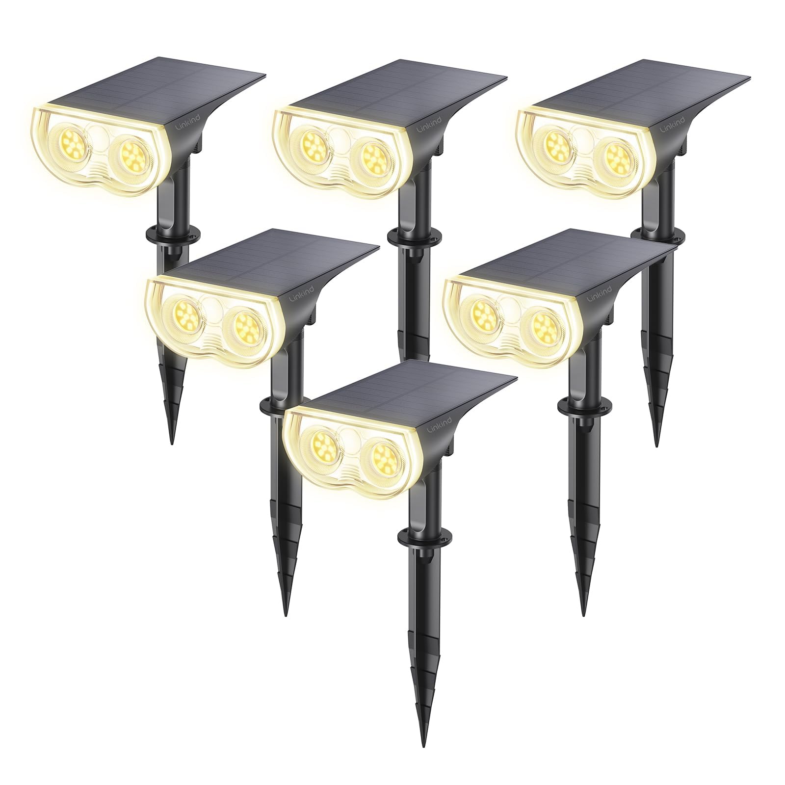 Linkind Solar Lights Outdoor Waterproof LED Spotlights Warm White 6 Pack | Starray, 3 Lighting Modes, 650LM, 3000K, Dusk to Dawn, In-Ground Wall-Mounted for Landscape Yard Garden Tree Flag Pathway ClimeCo Certified