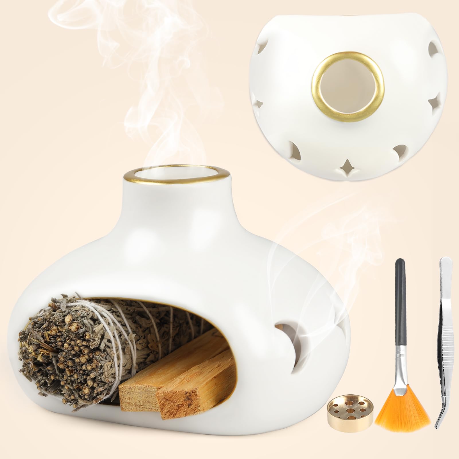 5-in-1 Star-Moon Incense Holder for Palo Santo Holder Burner with 3 Extras, Handmade Ceramic Incense Cone Burner, Sage Smudge Bowl for Yoga Meditation Room and Home Decoration