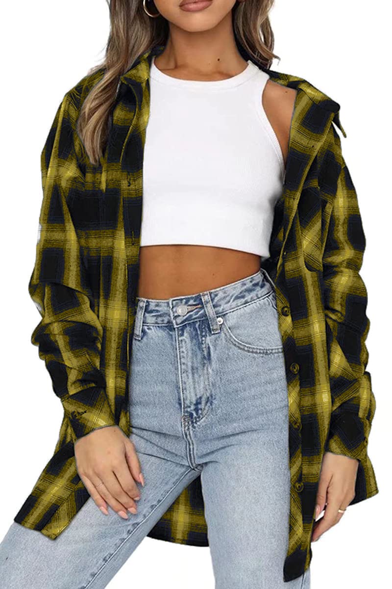 CHYRII Womens Button Down Flannel Shirts Long Sleeve Plaid Shackets Business Casual Blouse Top: XX-Large Yellow