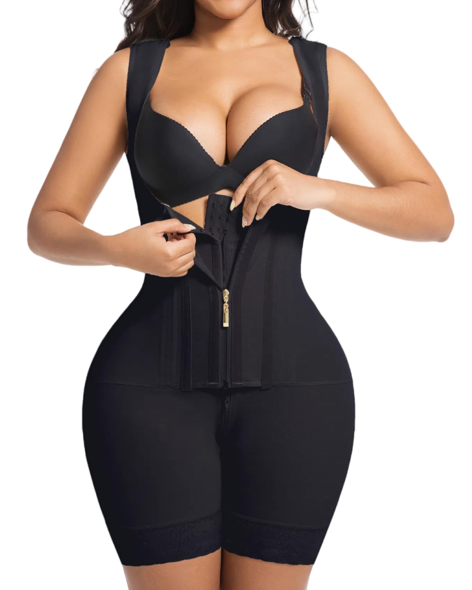 Fajas Colombianas Moldeadoras Shapewear Tummy Control Faja Body Shaper Postpartum Butt Lifter with Zipper Crotch, Black, XS
