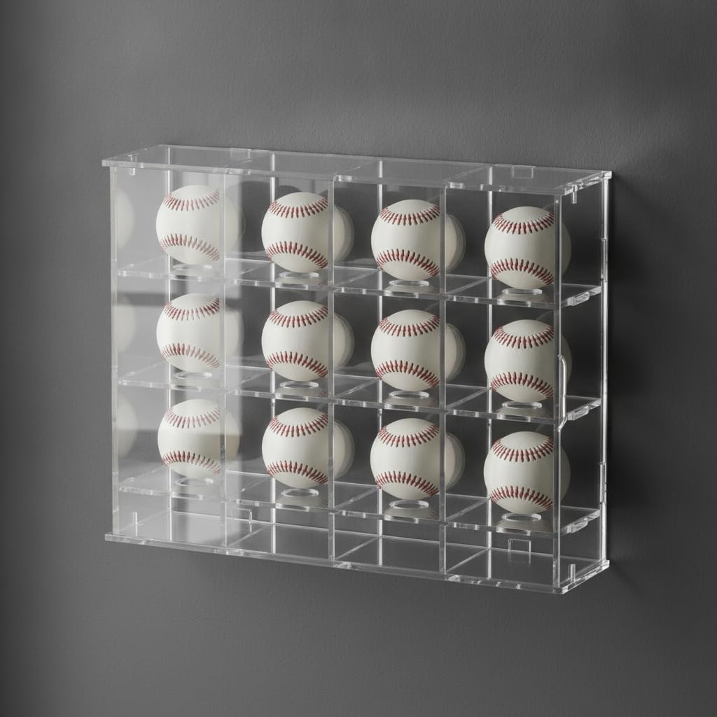 Vitrina Pared para coleccionables acrílica, Caja Almacenamiento a Prueba Polvo para Pelotas béisbol, para Mostrar , 12 Compartimentos (340x95x280 mm)