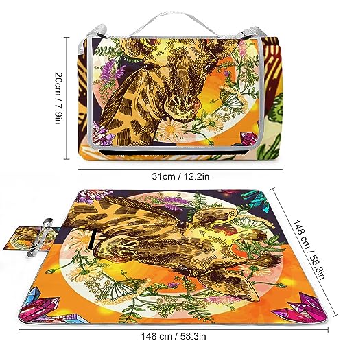 Giraffe Print Picnic Blanket Waterproof Foldable, Large Outdoor Picnic Blanket Beach Blankets Camping Blanket Travel Mat, Shoulder Strap Tote, Rectangle 58x58in