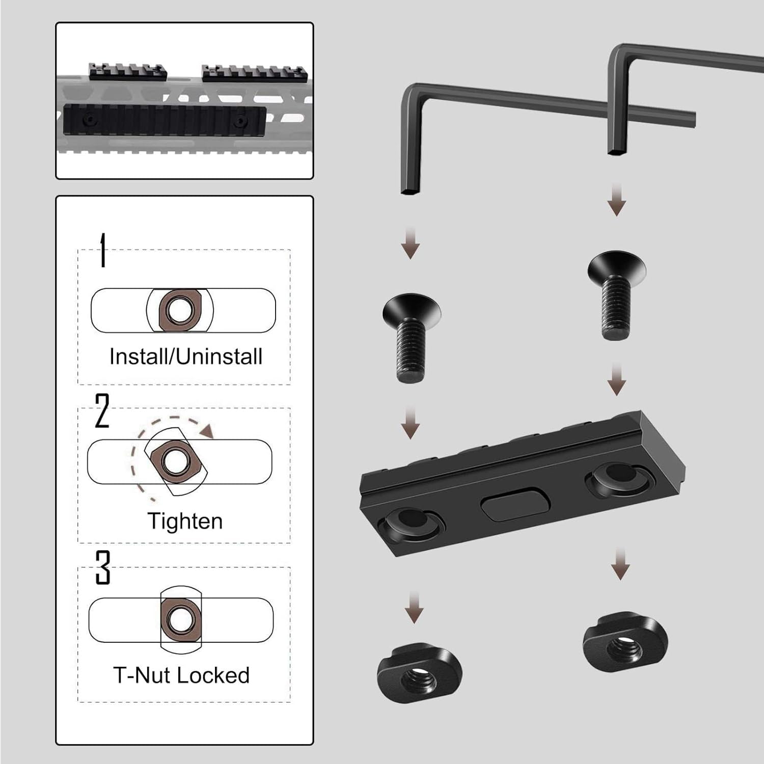 Paike Single Picatinny Rails, 3 5 7 9 11 13 Slot aluminiowy Mock Picatinny Rail z 12 nakrętkami T i wkrętami, 5 Allen Wrench - kwadratowy narożnik