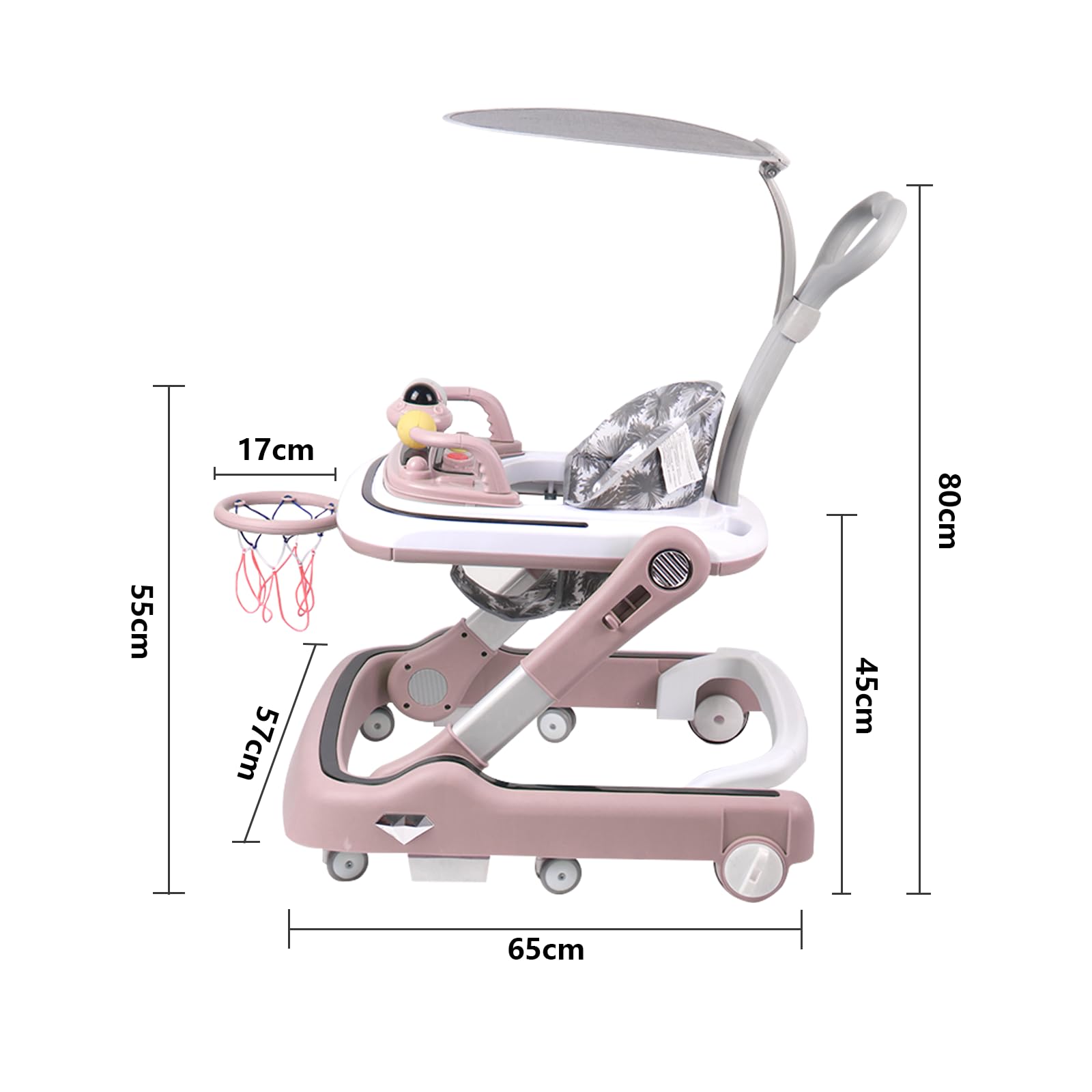 Andador plegable para bebé, andador con parasol, apto para 6-36 meses, altura ajustable, modo de música, modo de entretenimiento (65 x 57 x 80 cm), color rosa