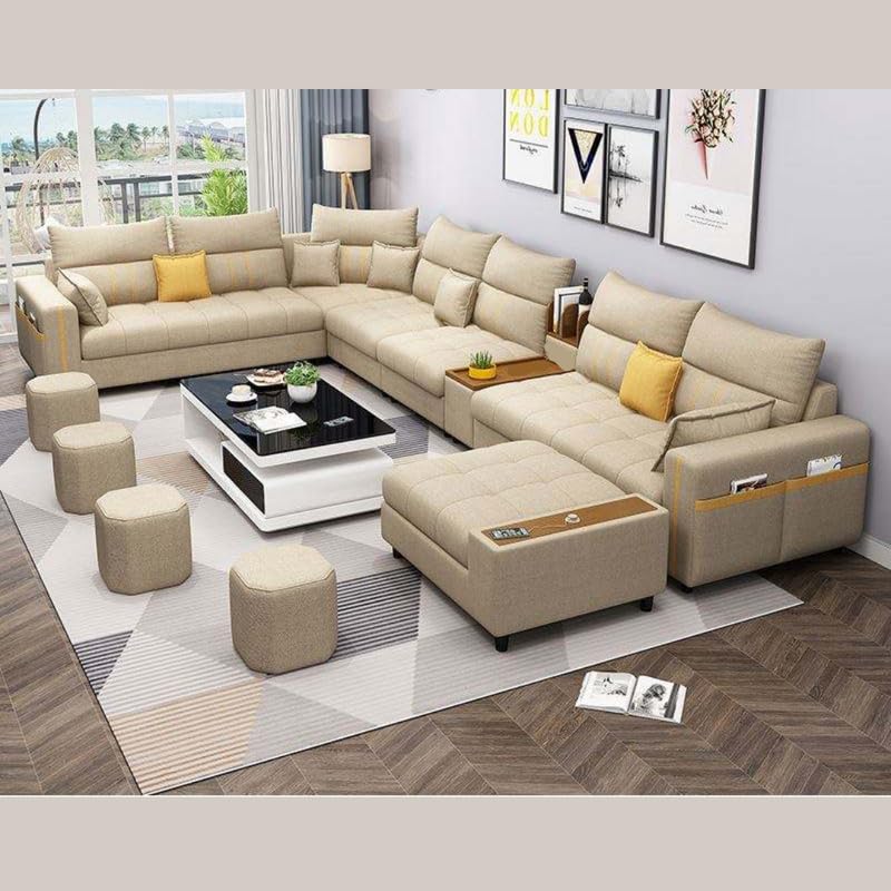 Image of Homax. Rebecca Modular Smart Sofa 12 Seater U Shape - High Back Interchangeable Sectional with Pop-Up USB Charging, Smart Console, Storage, Side Pockets, Modern Living Room Furniture - Beige