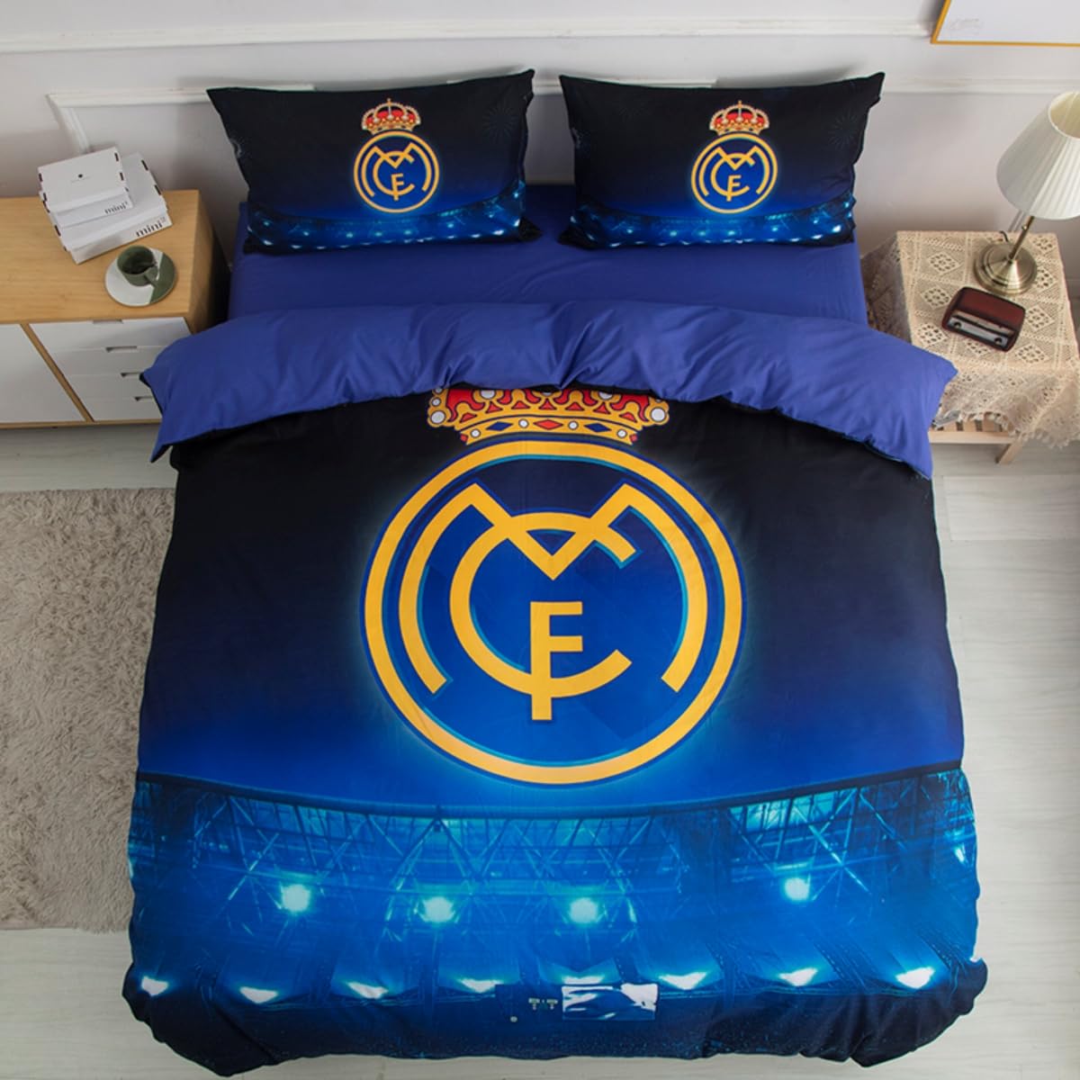 Juego de ropa de cama con diseño de estrella del fútbol 3D, diseño de Madrid, microfibra, juego de club de fútbol, 1 con cremalleras y 2 fundas de almohada (B, 240 x 220 cm)