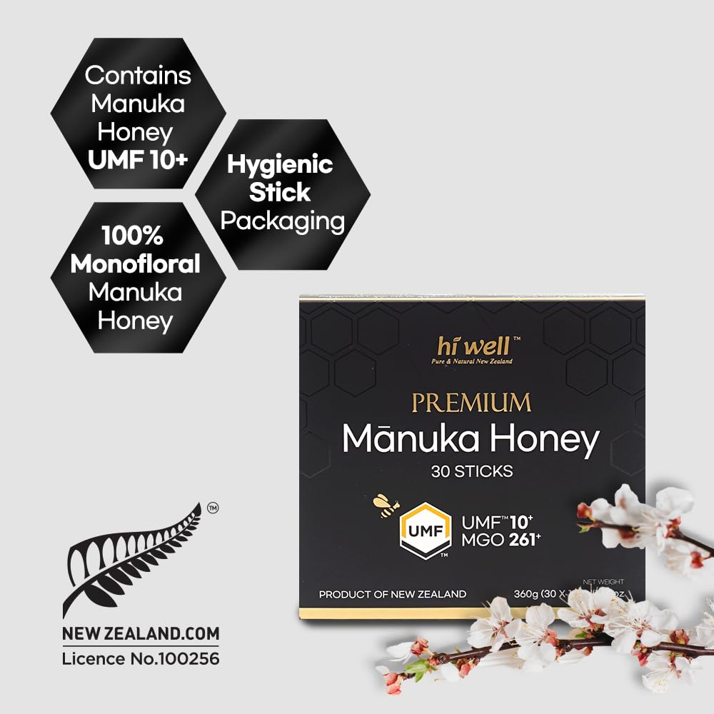 Hi Well Premium New Zealand 100% Manuka Honey | Monofloral Pure Raw Honey | UMF MGO Certified | Easy to take12g x 30 sticks | 12.6Oz(360g) (UMF 10+)