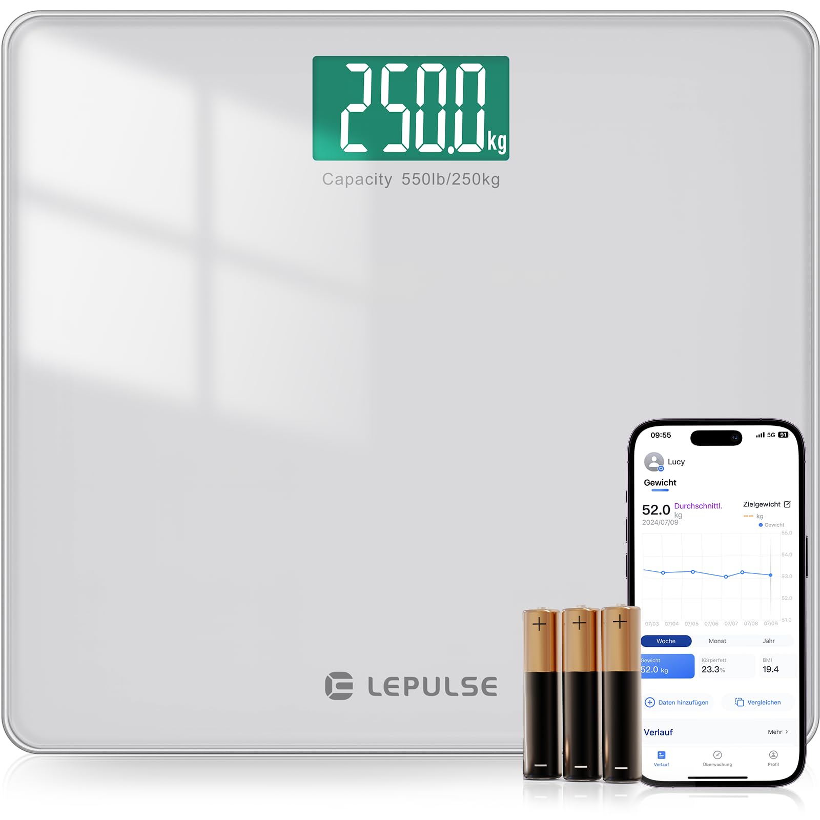 Lepulse Bilancia Pesapersone Digitale in Vetro Temperato, 33x30cm, Max 250kg, Pesa Persone Professionale Bilancia Smart con app, Digitale Bluetooth, Graduazione di Precisione Ogni 100g, per Peso, BMI