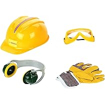 Theo Klein 8537 Set di Accessori Bosch, Guanti e Occhiali da Lavoro, Protezione per Le Orecchie e Casco, Tutto di qualità, Giocattolo per Bambini a Partire dai 3 Anni