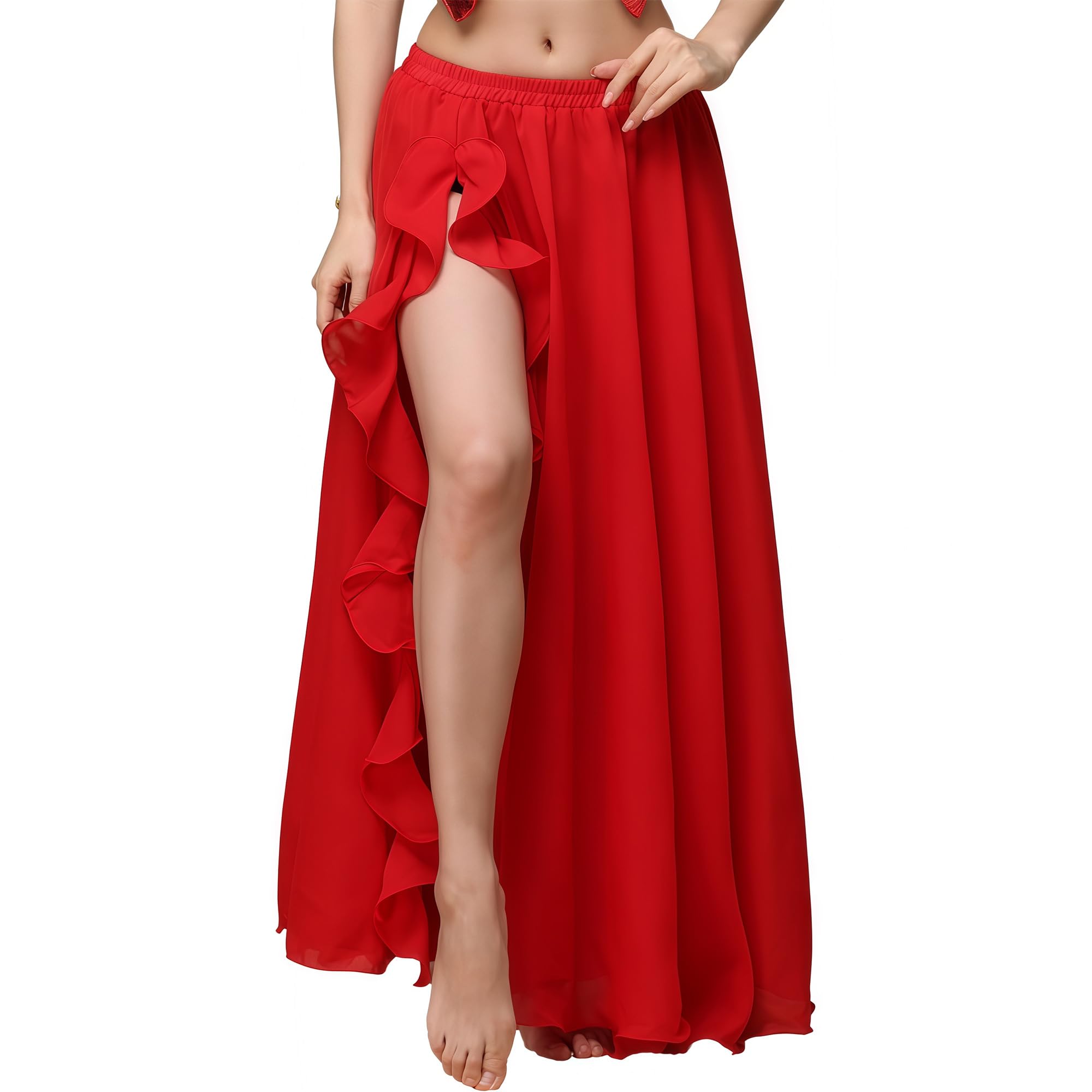 MUNAFIE Damen Langer Rock mit Schlitz Bauchtanz Tanz Chiffon Rock Tanzkleid Bauchtanz Kostüm Rots