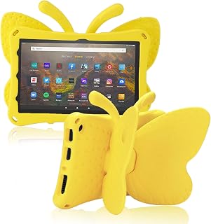 Kindle Fire HD 8 Kid Tablet 10th Gen 2020 2022 Pretty Butterfly Case for Kids Girl EVA Foam Full Cover Fire HD 8 Plus Kid Pro Tablet Cover with Stand Pencil Holder Rugged Case for Fire HD8 (Yellow)