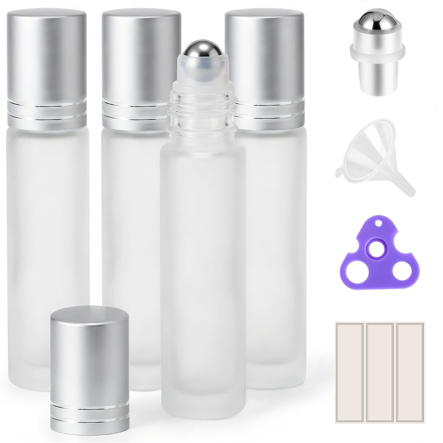 PrettyCare 4 Pack, 10 ml Essential Oil Roller Bottles with Stainless Steel Roller Ball - Refillable Leak-proof Empty Thick Frosted Glass Roll on