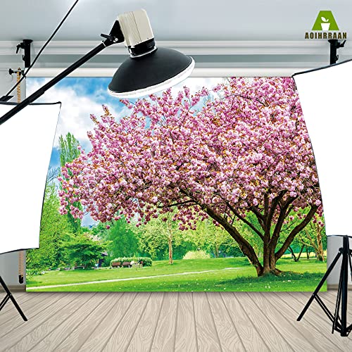 Aoihrraan 3,5x2,5m Nature Landscape Backdrop Spring Cherry Blossom Trees Green Lawn Grass Sunshine Scenery Photography Background Wedding Party Mother Woman Lady Girls Portrait Photo Studio Prop Vinyl - Image 4