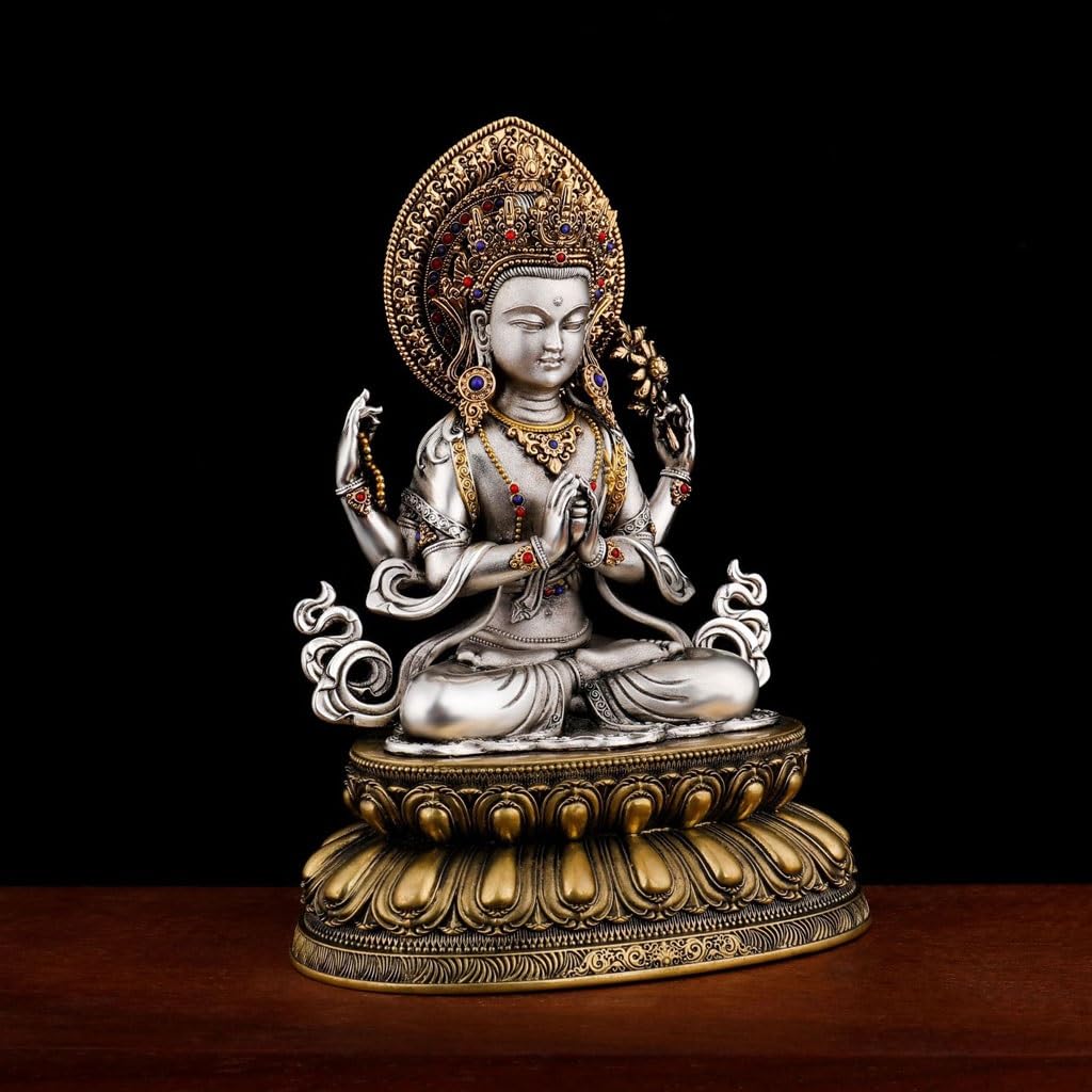 Posąg Buddy do wnętrz domowy czteroramienny Guanyin mosiężny posąg Buddy Ozdoby Salon Studium Zen Posąg Buddy Ozdoby Medytująca Statua Buddy Figurka Rzeźba