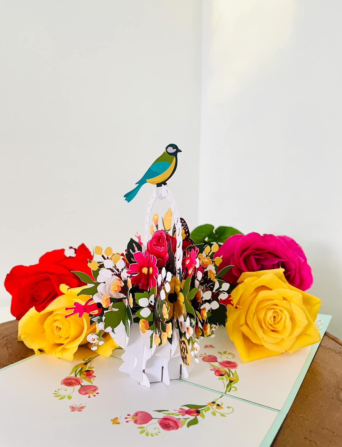 Flower Basket Bird Pop Up 3D Card.Delightful surprise greeting card for Her Mother, Daughter, Wife, Granddaughter, Sister - Image 2